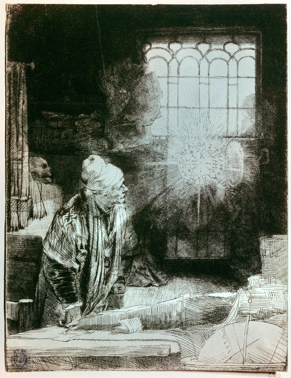 Dr Faust w swoim warsztacie Miedzioryt Rembrandta Harmenscha van Rijna (1606 - 1669). Świecący dysk, który pojawia się przed oknem, kopiuje napis odnalezionego metalowego amuletu, którego nieuchwytne znaczenie zafascynowało Rembrę autorstwa Rembrandt van Rijn