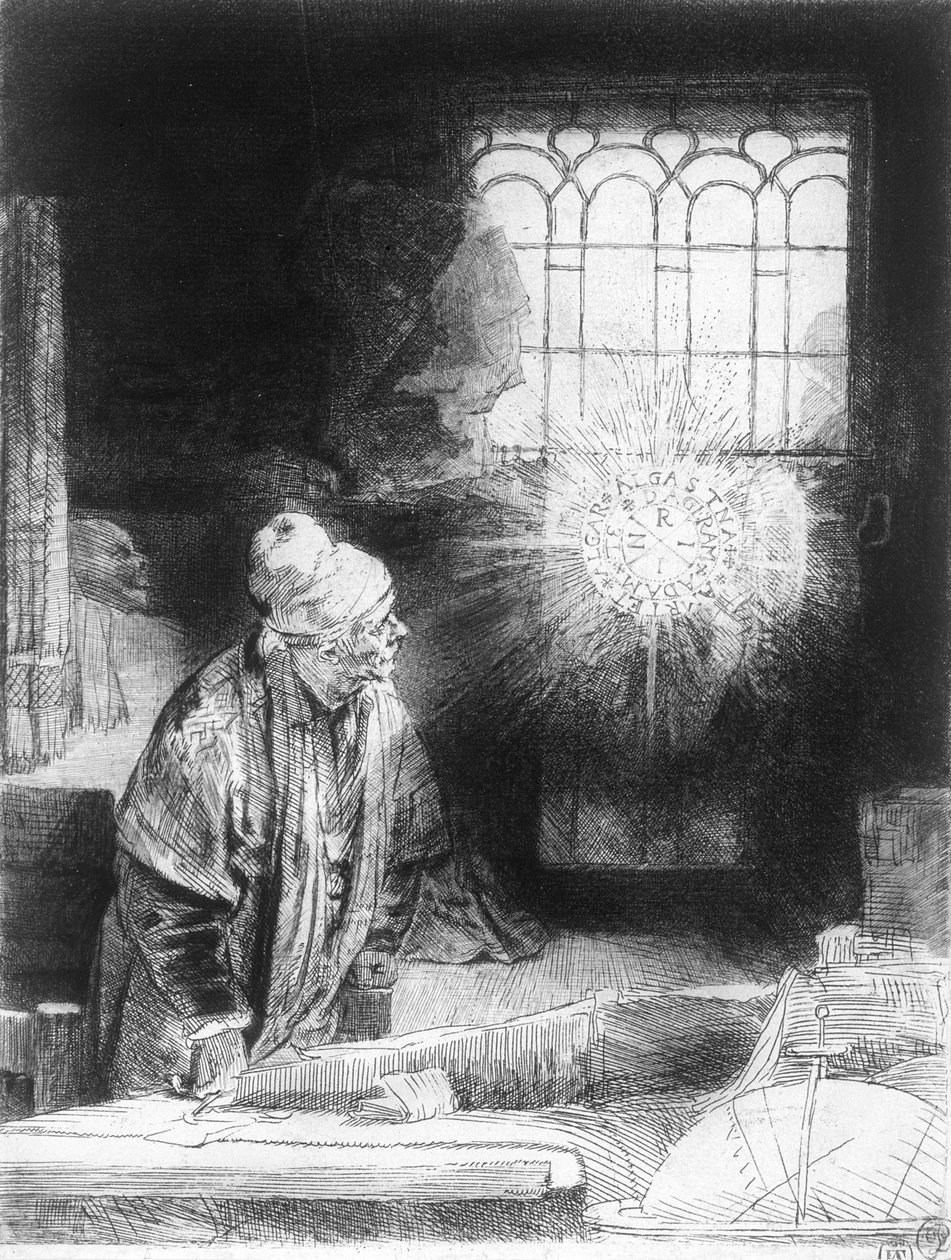 Dr Faust w swoim gabinecie (grafika) autorstwa Rembrandt van Rijn