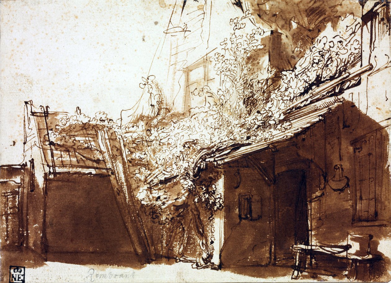Dom wiejski w świetle i cieniu - Rembrandt van Rhijn (1606-1669) - 1635-1636 - Pióro, pędzel, kolor brązowy na papierze - 16,2x22,5 cm - Muzeum Szepmuveszeti, Budapeszt autorstwa Rembrandt Harmensz. van Rijn