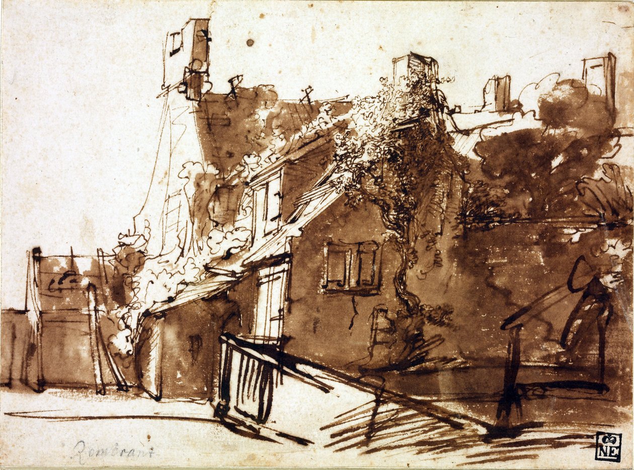 Farmhouse in Sunlight - Rembrandt van Rhijn (1606-1669) - 1635-1636 - Pióro, pędzel, brązowy kolor na papierze - 16,4x22,3 cm - Muzeum Szepmuveszeti, Budapeszt autorstwa Rembrandt Harmensz. van Rijn