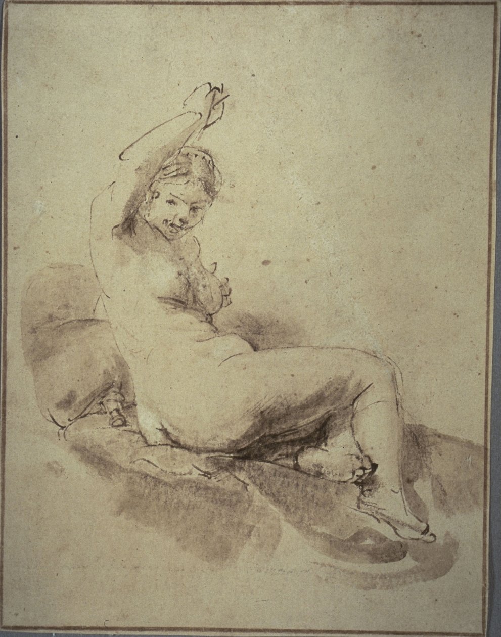 Akt kobiecy leżący z podniesioną ręką, ok. 1665 r. (pióro i brązowy tusz oraz pędzel i brązowe pranie, na jasnobrązowym papierze) autorstwa Rembrandt Harmensz. van Rijn