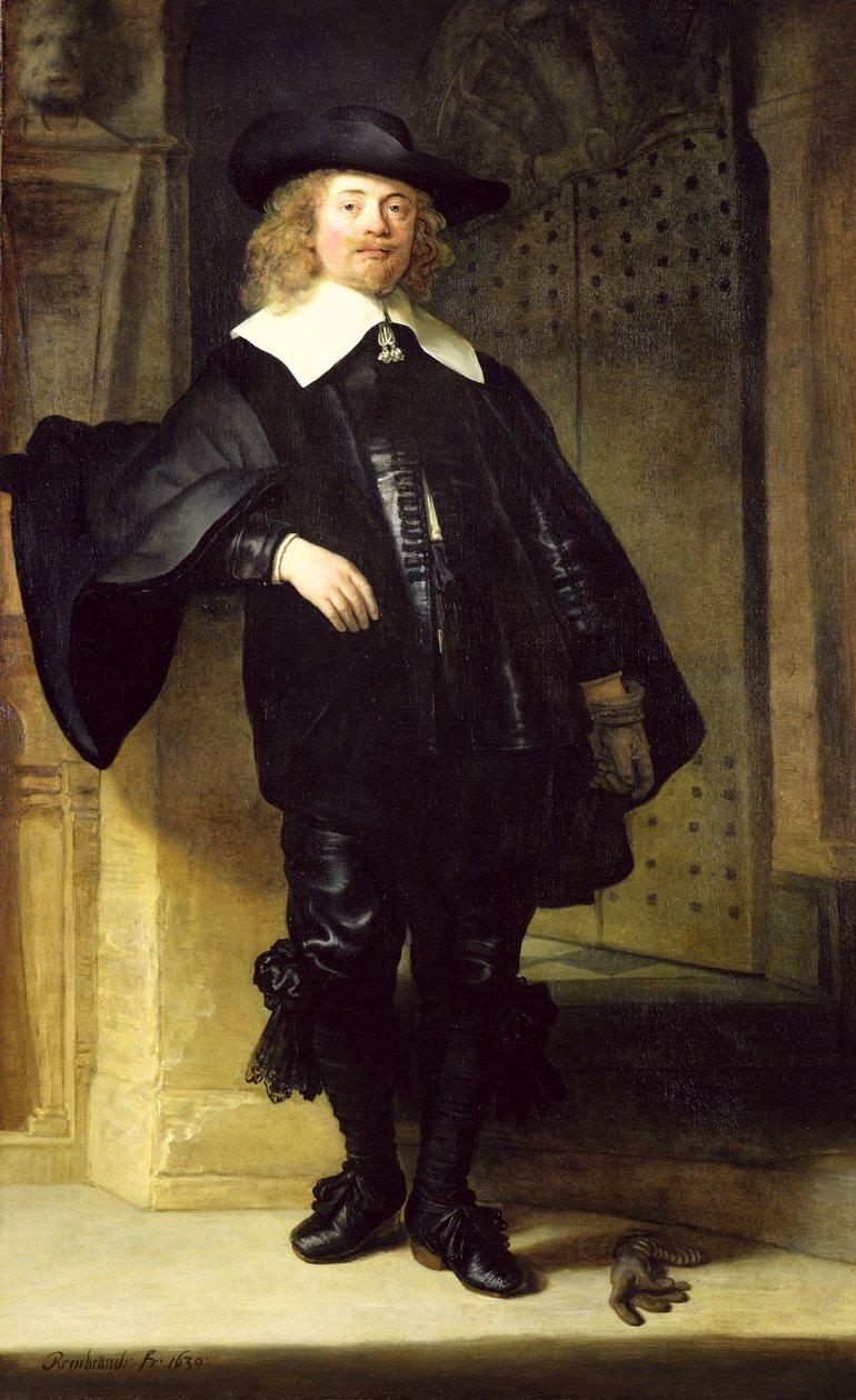 Pełnowymiarowy portret stojącego mężczyzny autorstwa Rembrandt van Rijn