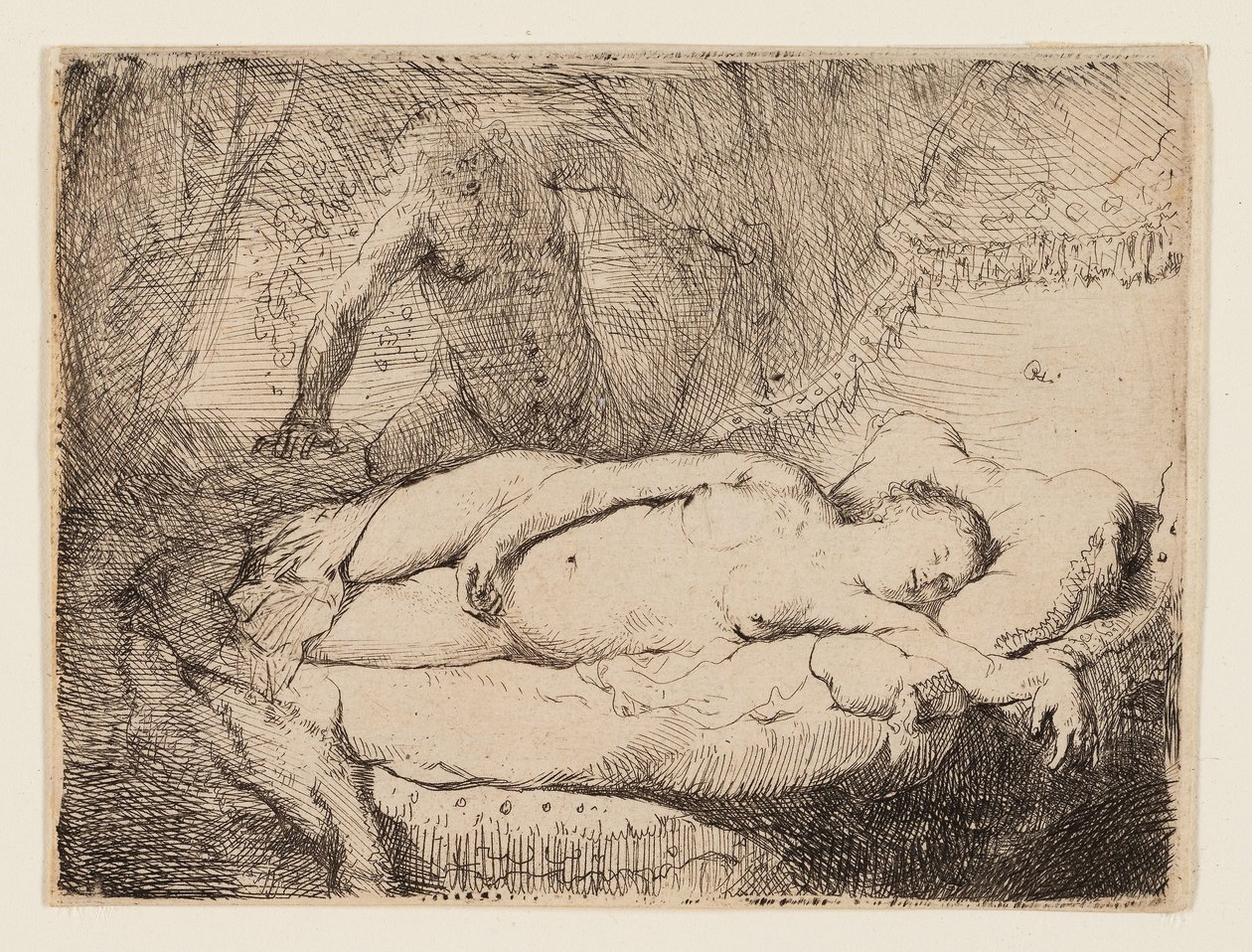 Jowisz i Antiope: Mniejsza płyta, ok. 1631 r. (akwaforta na polerowanym papierze) autorstwa Rembrandt Harmensz. van Rijn