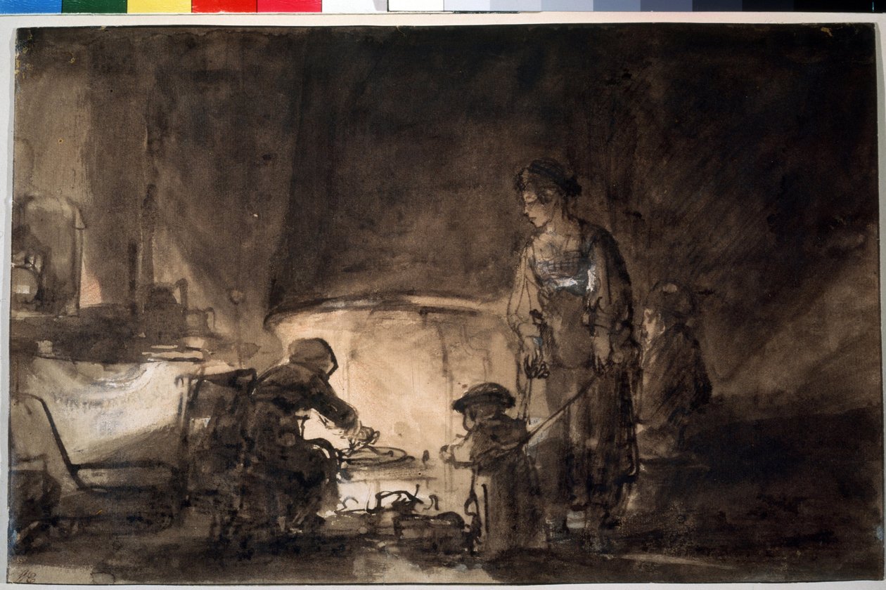 La cuisine dans la maison de Rembrandt (Kuchnia w domu Rembrandta). Dessin de Harmenszoon van Rijn to Rembrandt (1606-1669) autorstwa Rembrandt Harmensz. van Rijn