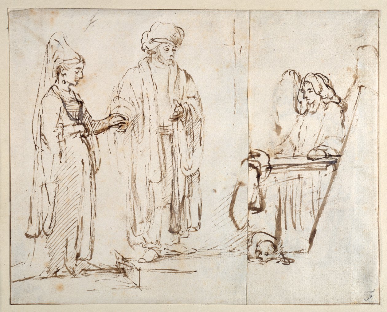 Laban przynosi Leę do Jakuba, z Jakubem pokrytym fragmentem innego rysunku; anioł z psem leżącym u jego stóp autorstwa Rembrandt Harmensz. van Rijn