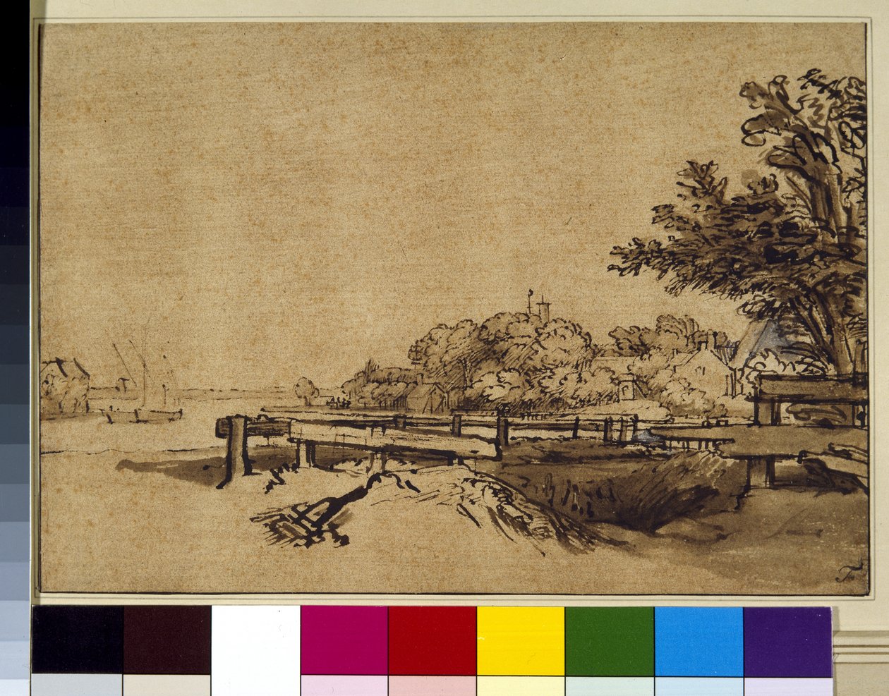 Krajobraz, ok. 1650 (pióro i tusz oraz pranie na papierze) autorstwa Rembrandt Harmensz. van Rijn