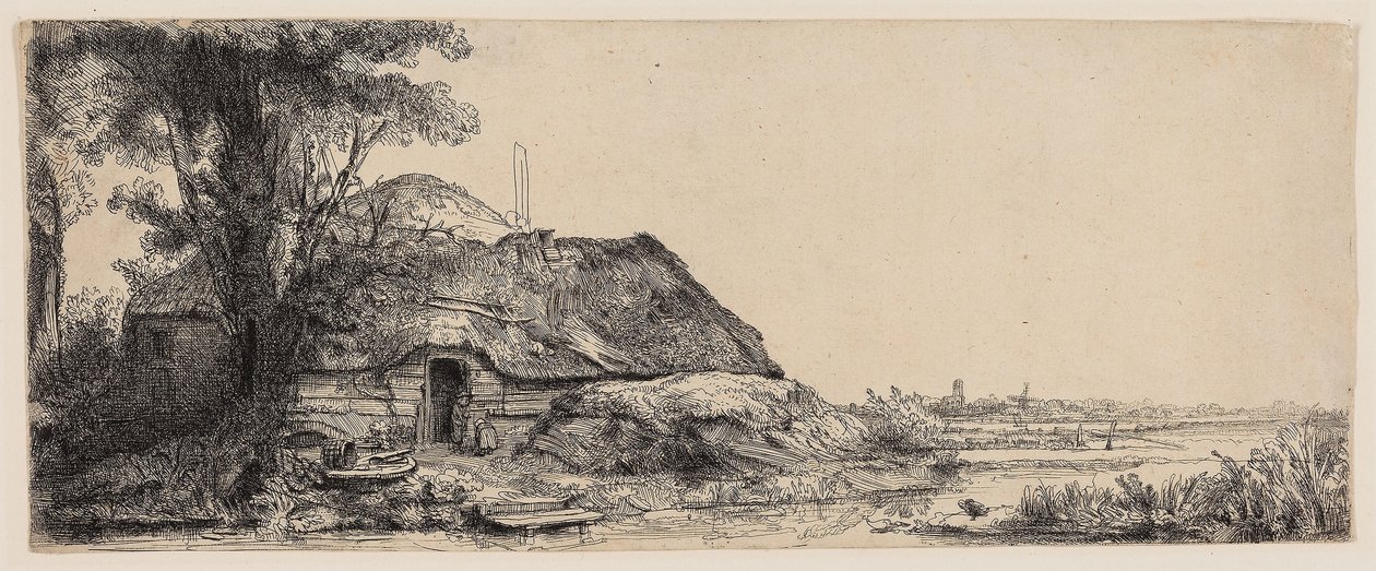 Krajobraz z chatą i dużym drzewem autorstwa Rembrandt Harmensz. van Rijn