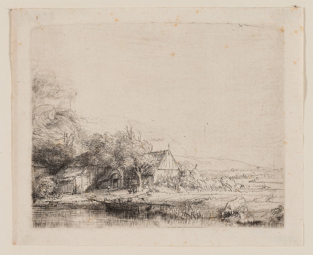 Krajobraz z pijącą krową, ok. 1650 r. (akwaforta i sucha igła na papierze z kości słoniowej) autorstwa Rembrandt Harmensz. van Rijn