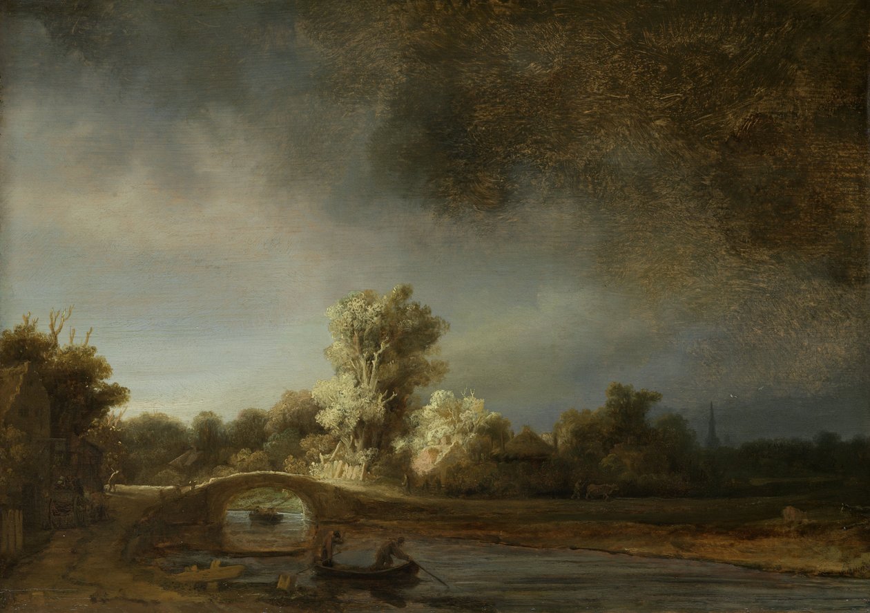 Krajobraz z kamiennym mostem, ok. 1638 (olej na desce) autorstwa Rembrandt van Rijn