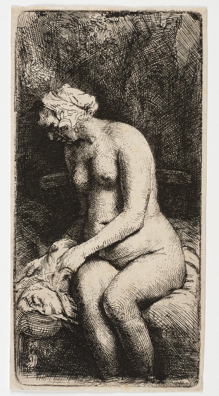 Naga kobieta siedzi ze stopami w wodzie autorstwa Rembrandt Harmensz. van Rijn
