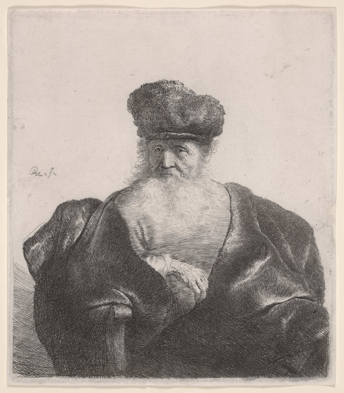 Stary człowiek z rozwianą brodą, futrzaną czapką i aksamitną peleryną, ok. 1632 (akwaforta) autorstwa Rembrandt van Rijn