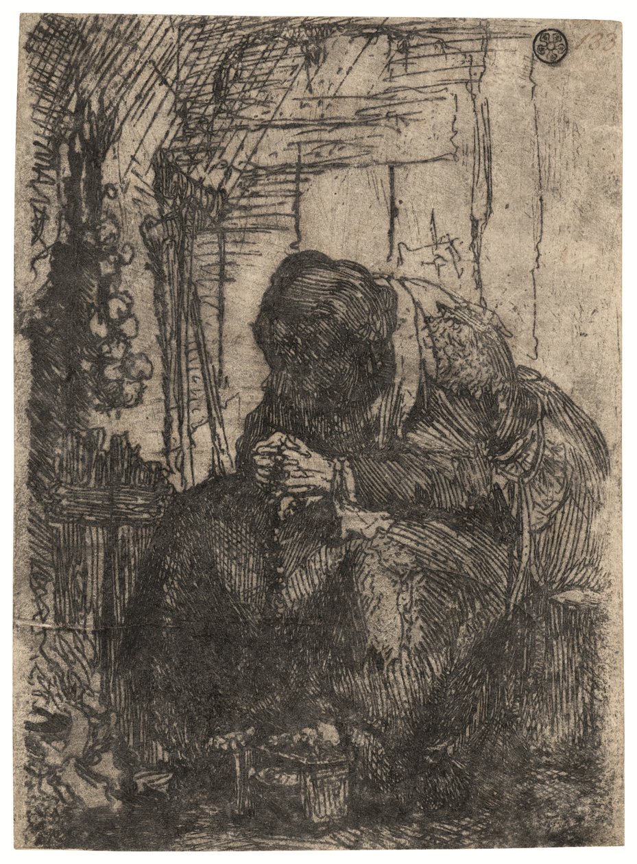 Stara kobieta siedząca w chacie ze sznurkiem cebuli na ścianie, ok. 1629 (akwaforta) autorstwa Rembrandt Harmensz. van Rijn
