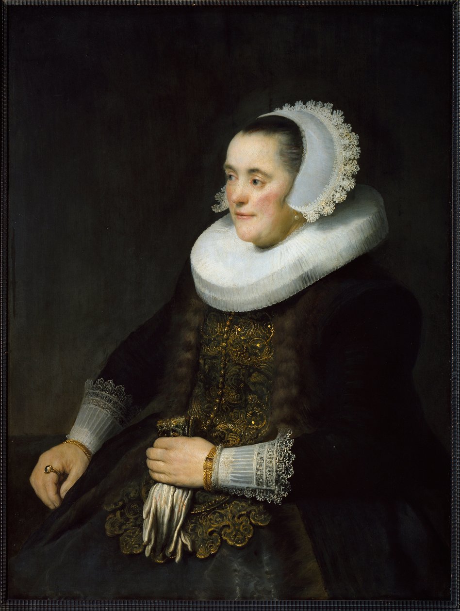 Portret holenderskiej burżuazyjnej kobiety w kryzie i nakryciu głowy. (Obraz autorstwa Rembrandt van Rijn