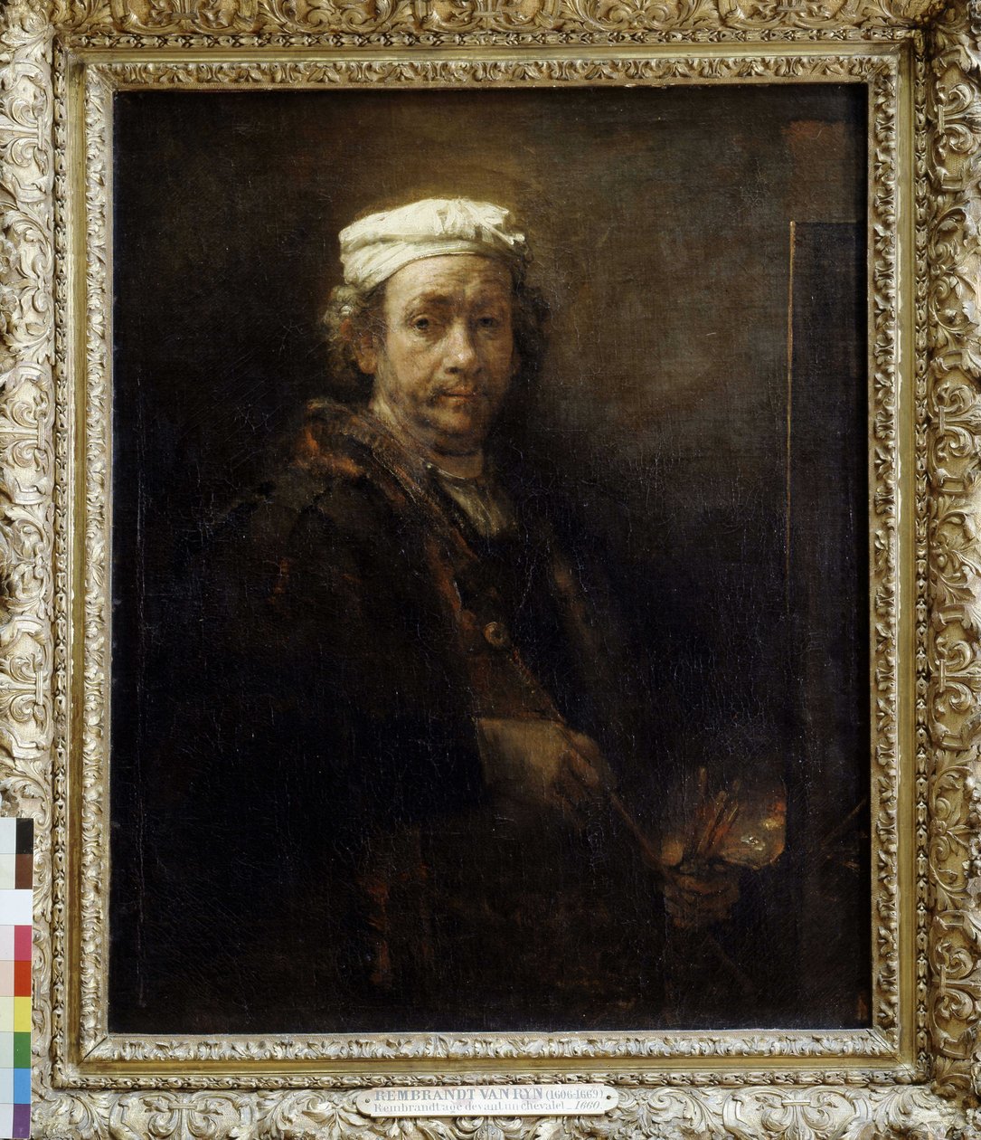 Rembrandt postarzał się przed sztalugą (1660). autorstwa Rembrandt van Rijn