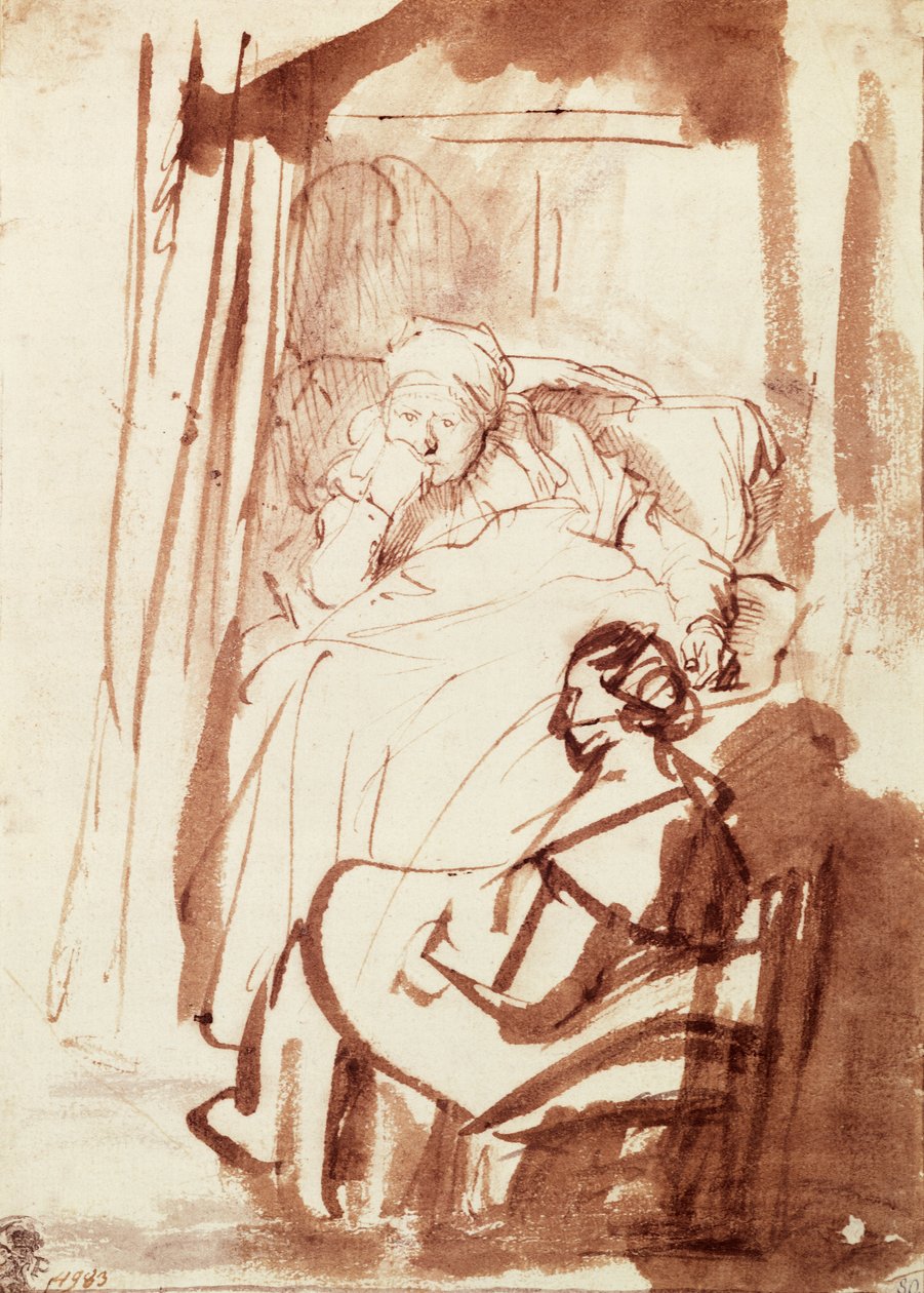 Saskia leżąca w łóżku, kobieta siedząca u jej stóp autorstwa Rembrandt Harmensz. van Rijn