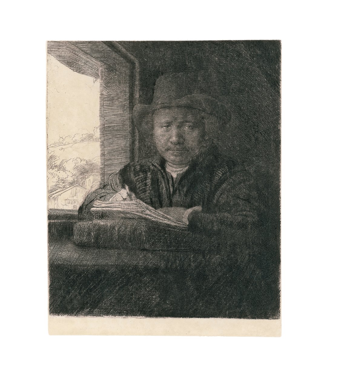 Rysunek autoportretu w oknie, 1648 autorstwa Rembrandt van Rijn