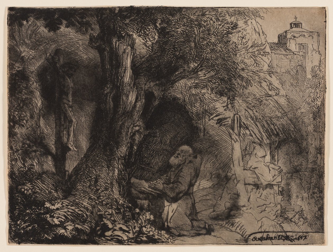 Św. Franciszek modli się pod drzewem autorstwa Rembrandt Harmensz. van Rijn