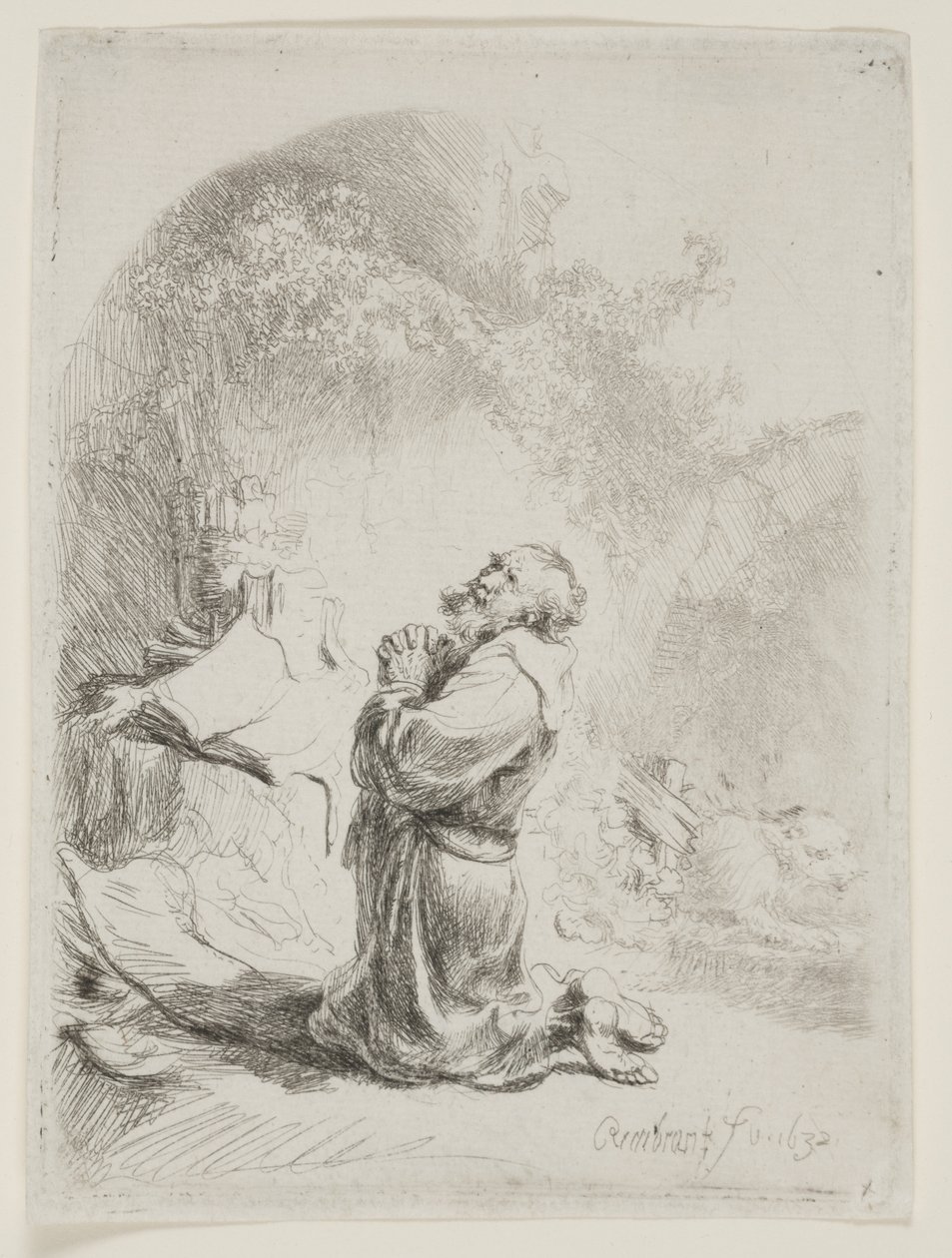 Modlitwa św. Hieronima: nadruk łukowy autorstwa Rembrandt van Rijn
