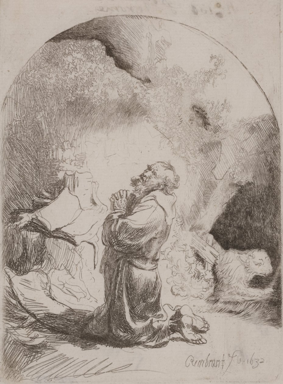 Modlitwa św. Hieronima: nadruk łukowy autorstwa Rembrandt van Rijn