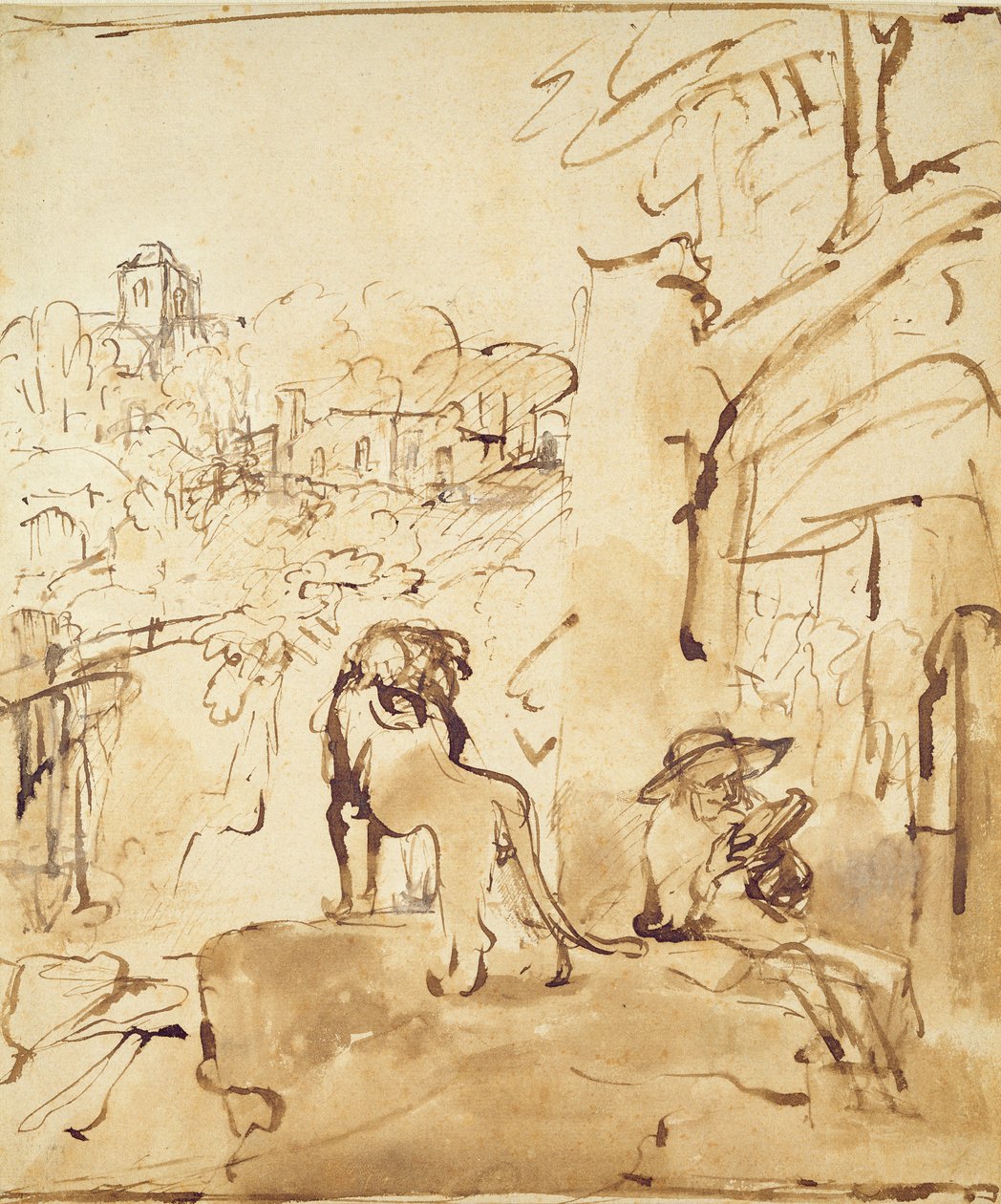 Św. Hieronim czytanie w pejzażu (pióro i pranie na papierze) autorstwa Rembrandt van Rijn