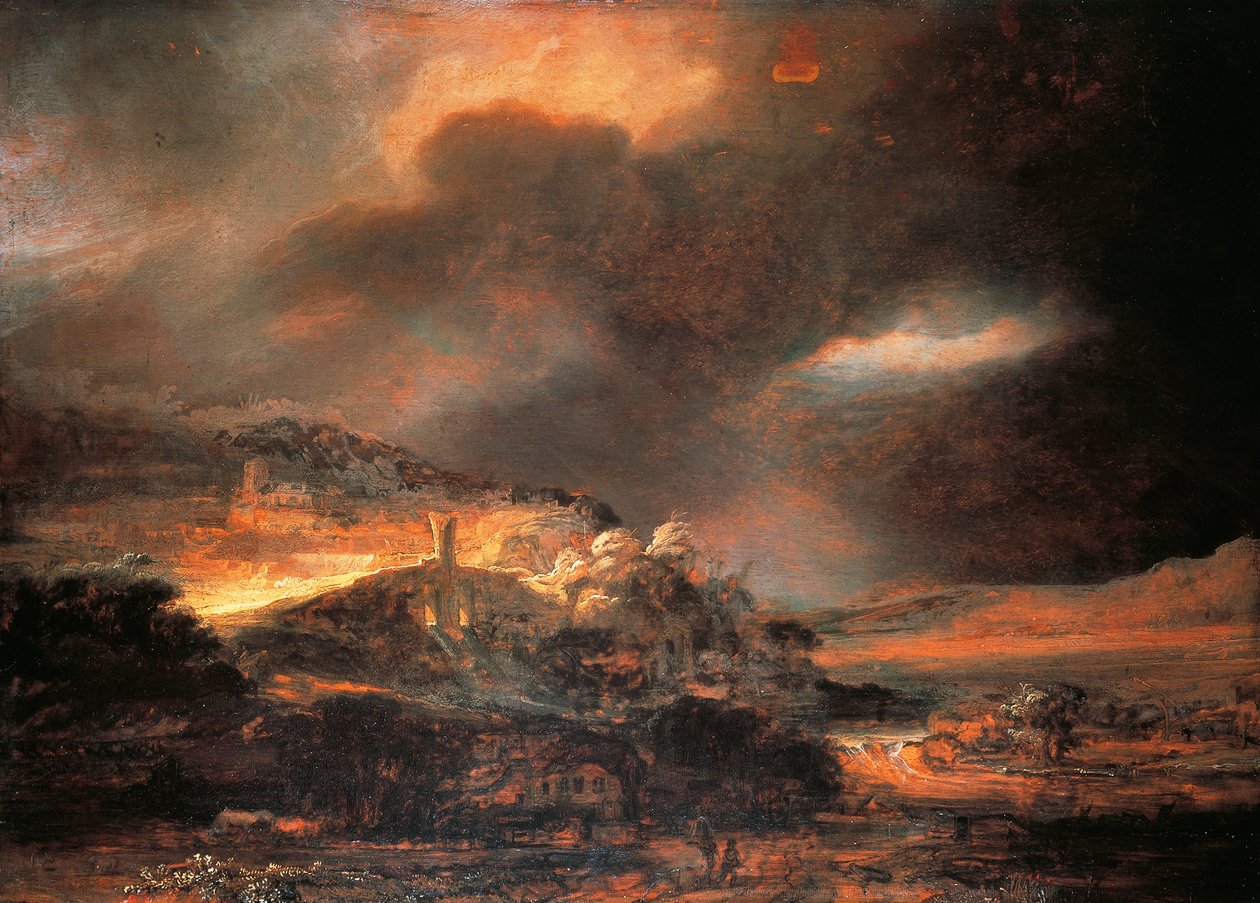 Burzowy krajobraz, ok. 1637/38 (olej na desce) autorstwa Rembrandt Harmensz. van Rijn