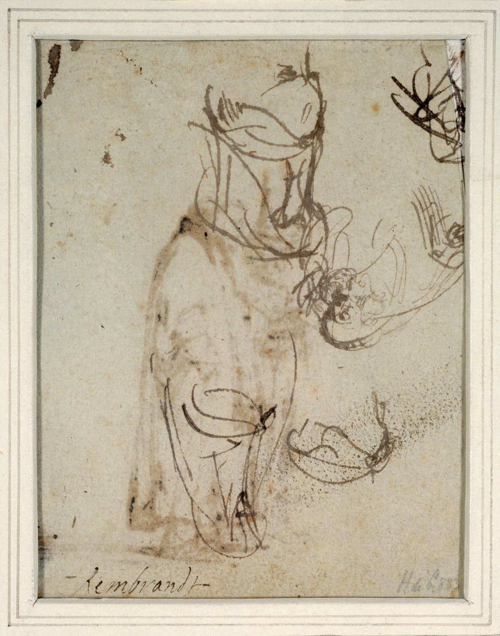 Studia wysokiego nakrycia głowy; i głowy odwróconej od prawej strony (pióro i atrament na papierze) (wers z 2636119) autorstwa Rembrandt Harmensz. van Rijn