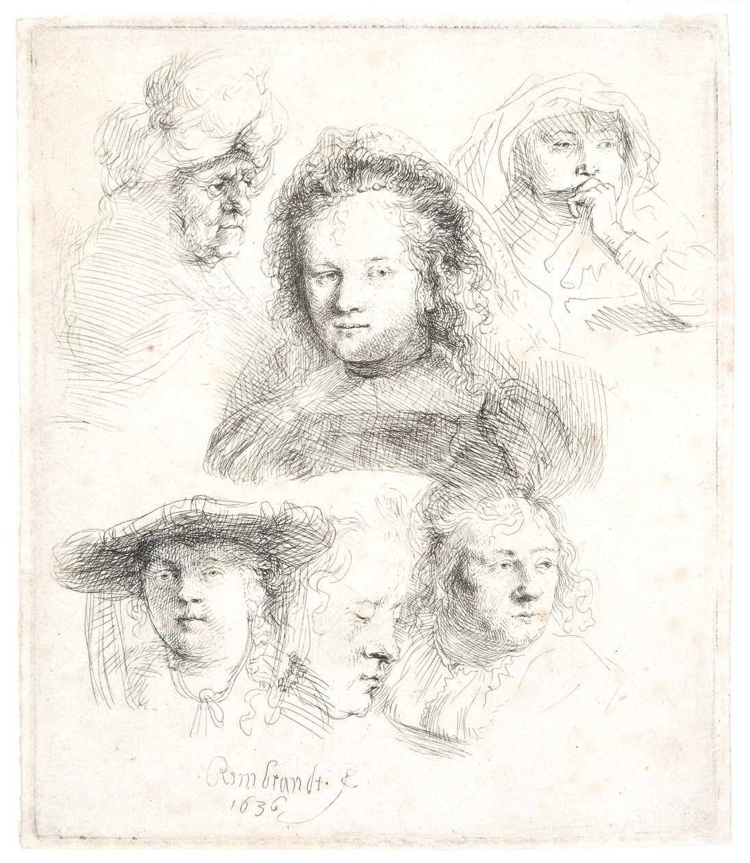 Badania głowy Saskii i innych osób autorstwa Rembrandt Harmensz. van Rijn