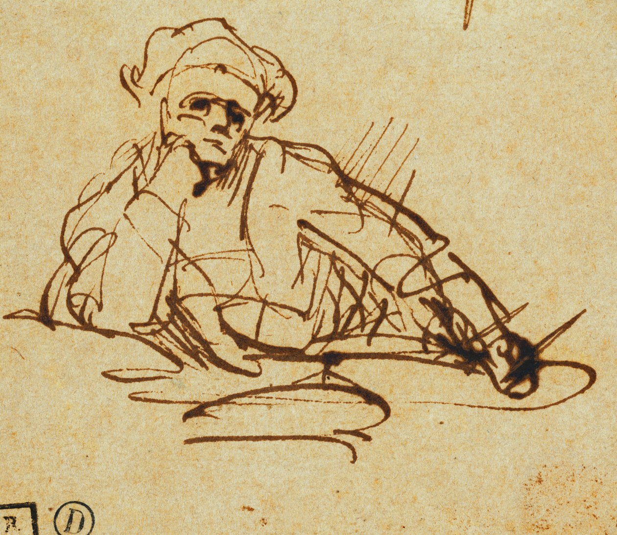 Studium pisarza siedzącego, zamyślonego, autorstwa Rembrandt van Rijn