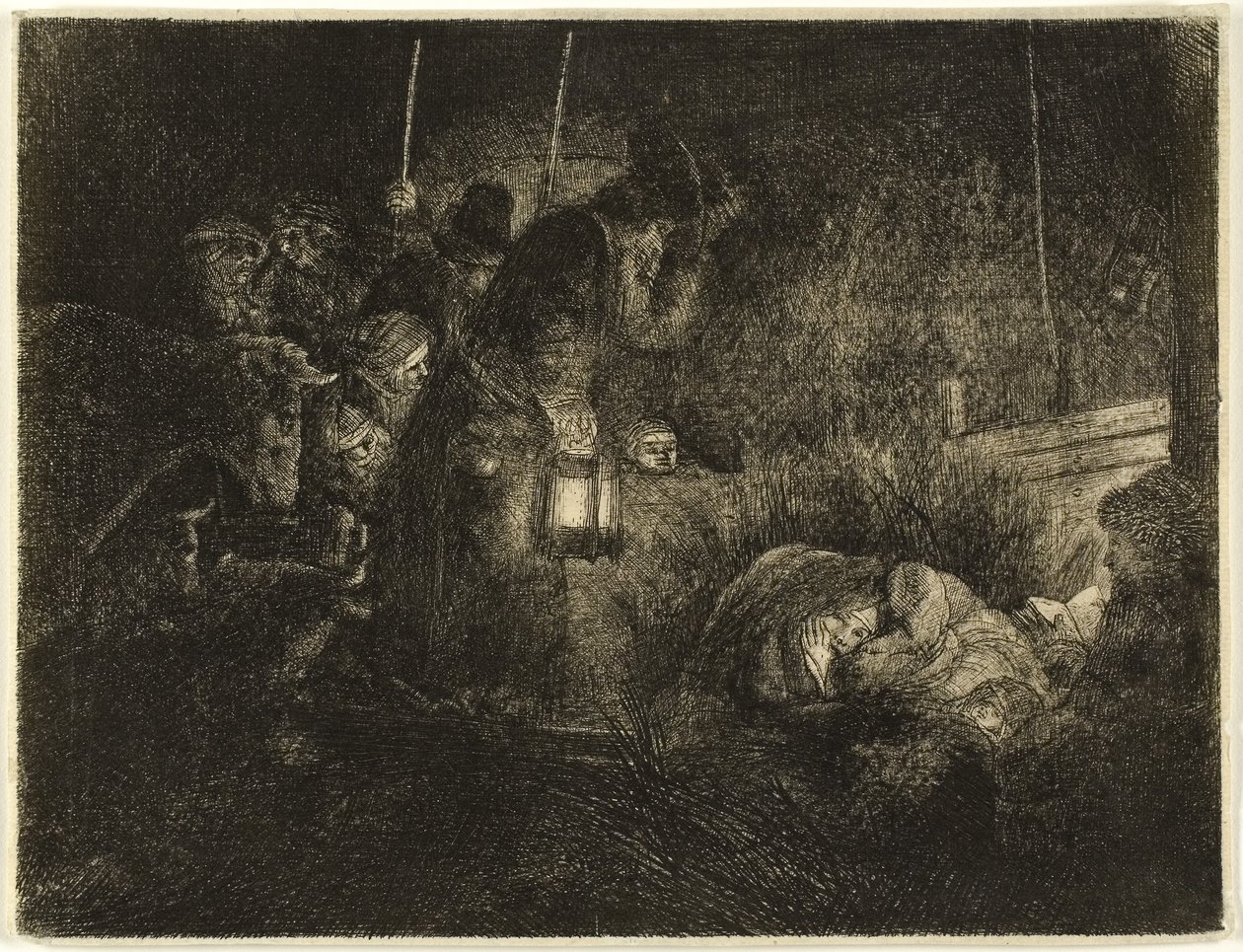 Adoracja pasterzy: nocny kawałek, ok. 1657 (akwaforta na papierze) autorstwa Rembrandt Harmensz. van Rijn