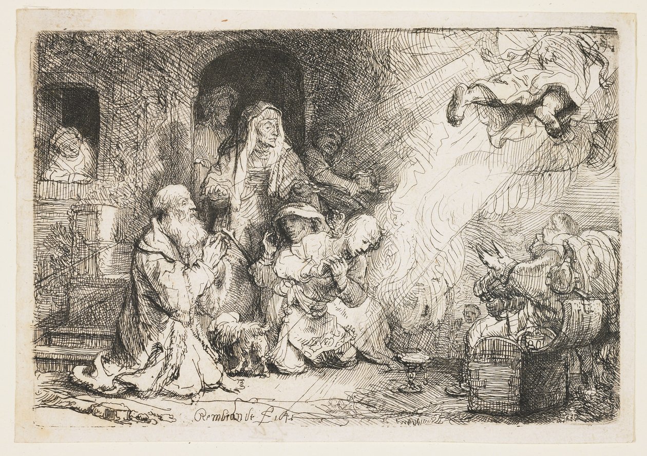 Anioł odchodzący z rodziny Tobiasza autorstwa Rembrandt van Rijn