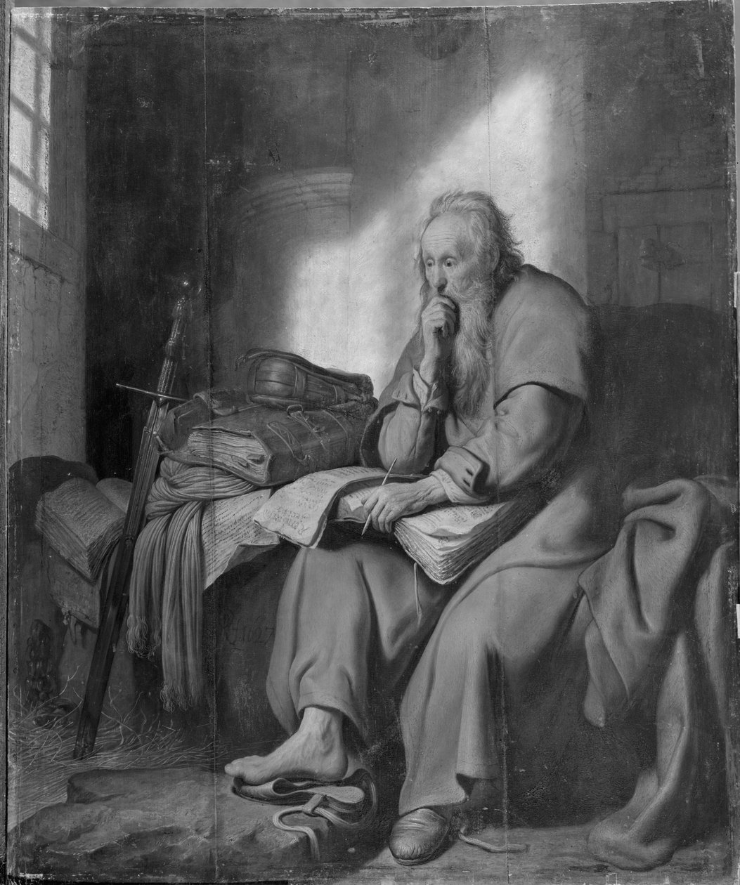 Apostoł Paweł w więzieniu (olej na płótnie) (zdjęcie czarno-białe) autorstwa Rembrandt van Rijn