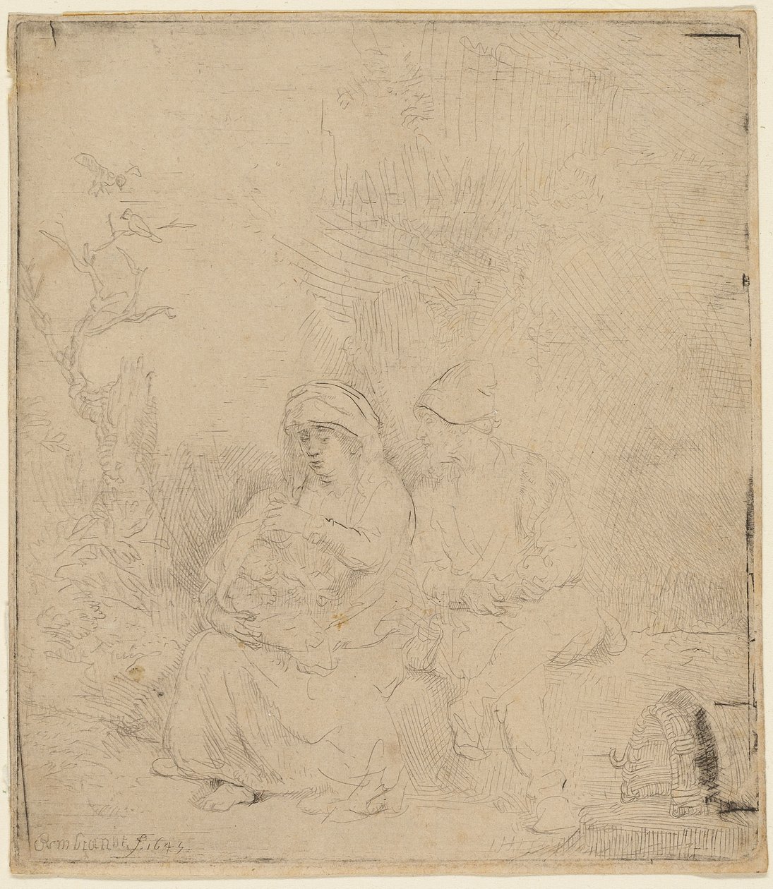 Reszta podczas lotu do Egiptu: lekko wytrawiona autorstwa Rembrandt Harmensz. van Rijn