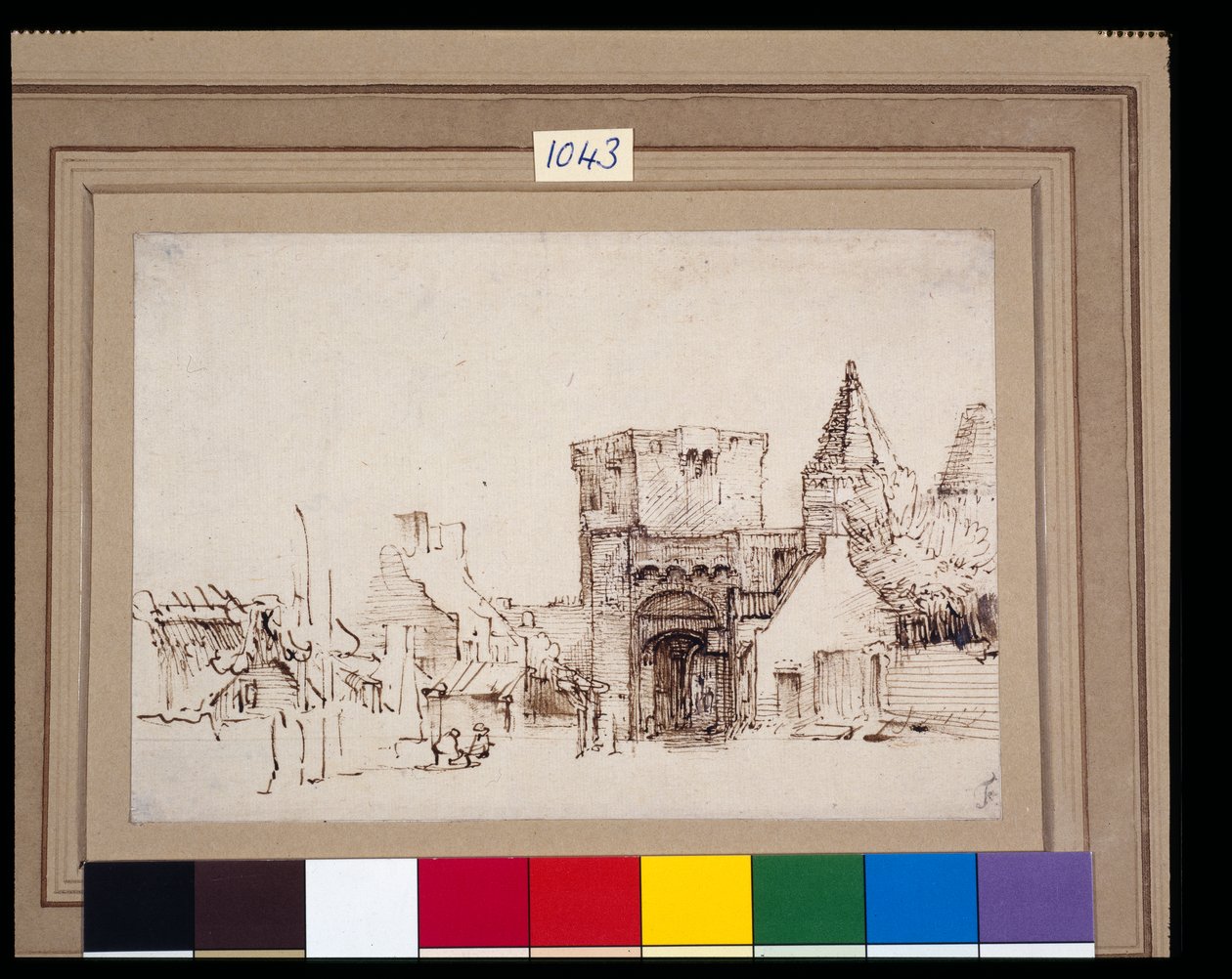 Rijnpoort w Rhenen w Gelderland, ok. 1649 (pióro trzcinowe i atrament z praniem na papierze) autorstwa Rembrandt Harmensz. van Rijn