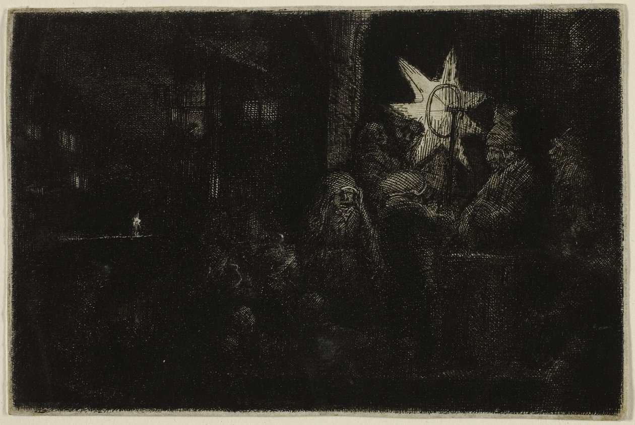 The Star of the Kings: A Night Piece, ok. 1651 (akwaforta, sucha igła i grawerowanie na papierze z kości słoniowej) autorstwa Rembrandt Harmensz. van Rijn
