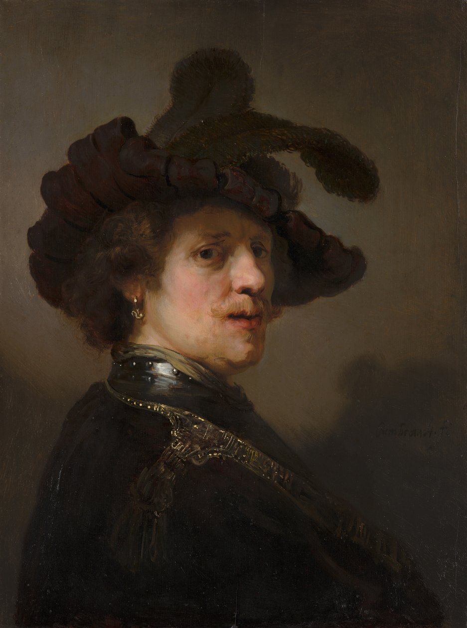 Tronie mężczyzny z pierzastym beretem, ok. 1635-40 (olej na panelu) autorstwa Rembrandt van Rijn