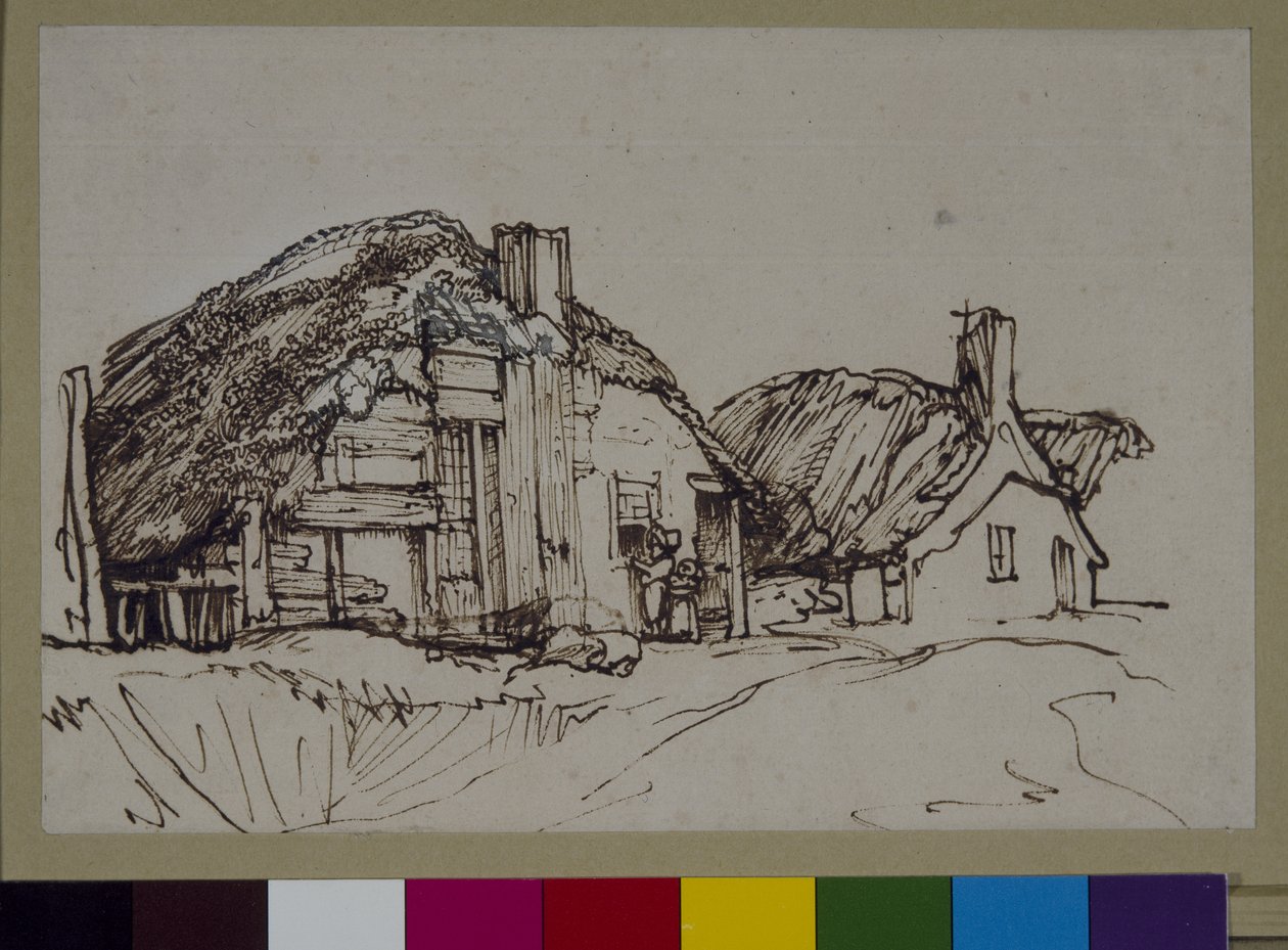 Dwie chaty kryte strzechą z postaciami przy oknie, ok. 1640 (pióro i atrament na papierze) autorstwa Rembrandt Harmensz. van Rijn