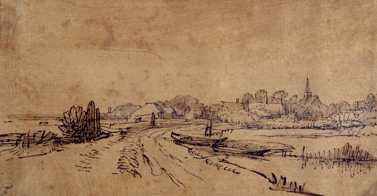 Widok Sloten, ok.1650 (pióro i atrament z brązowym przemyciem na papierze) autorstwa Rembrandt Harmensz. van Rijn
