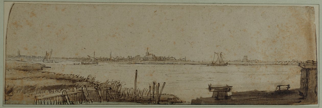Widok na rzekę IJ z Diemerdijk, ok. 1650 (pióro i tusz z brązowym washem i białym kolorem ciała na papierze) autorstwa Rembrandt Harmensz. van Rijn