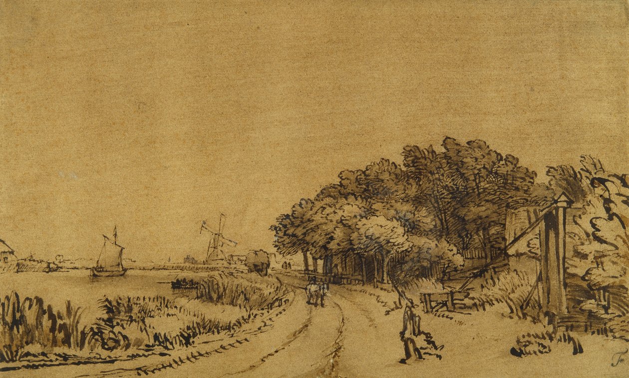 Widok na Amstel: droga na Amsteldijk wiodąca do Trompenburga, ok. 1649-50 (pióro i tusz z brązowym rozmyciem i białym kolorem ciała na papierze) autorstwa Rembrandt Harmensz. van Rijn