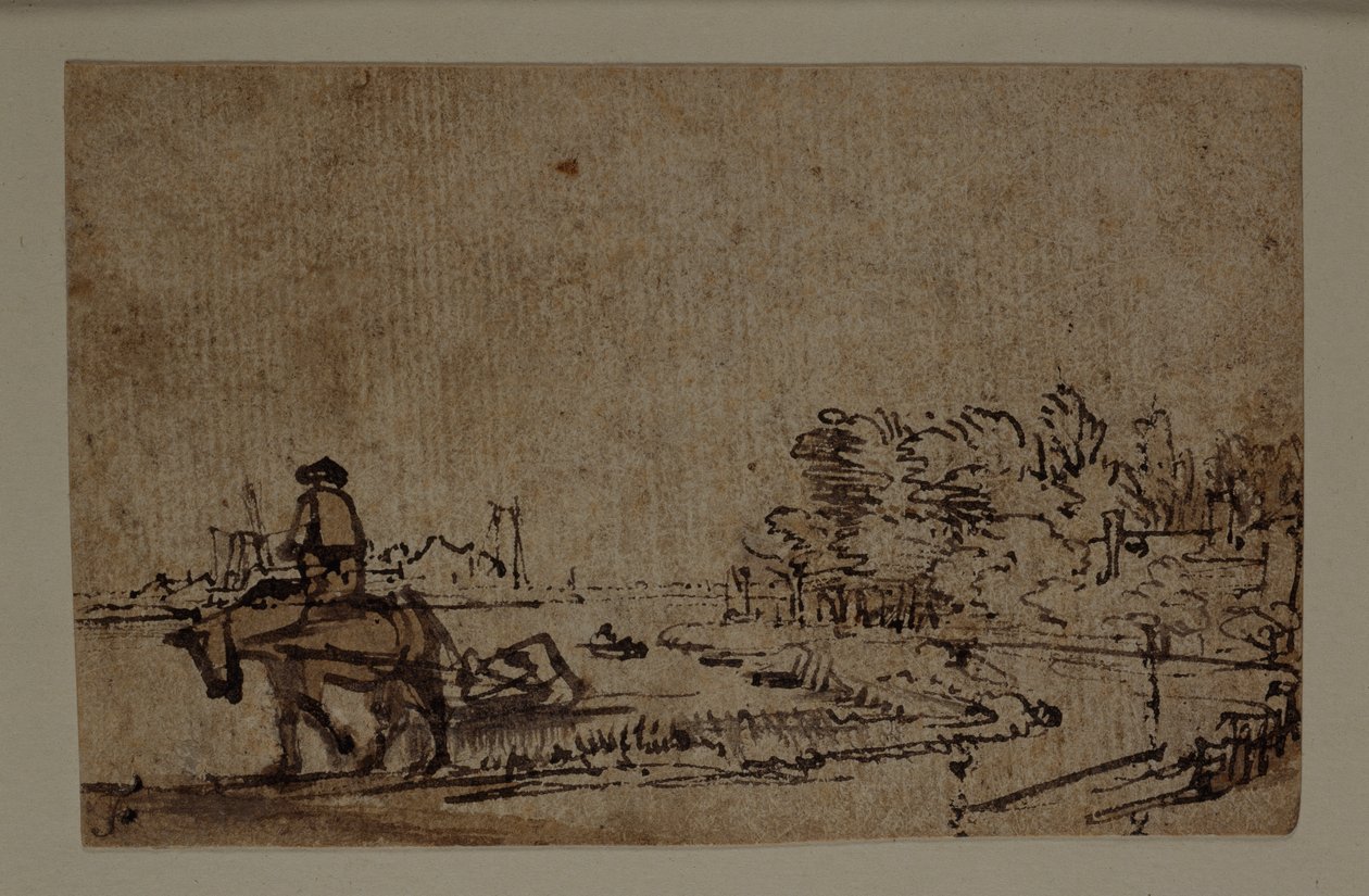 Widok na rzekę Amstel, z koniem ciągnącym barkę, ok. 1650 (pióro i tusz z brązową farbą na papierze) autorstwa Rembrandt Harmensz. van Rijn