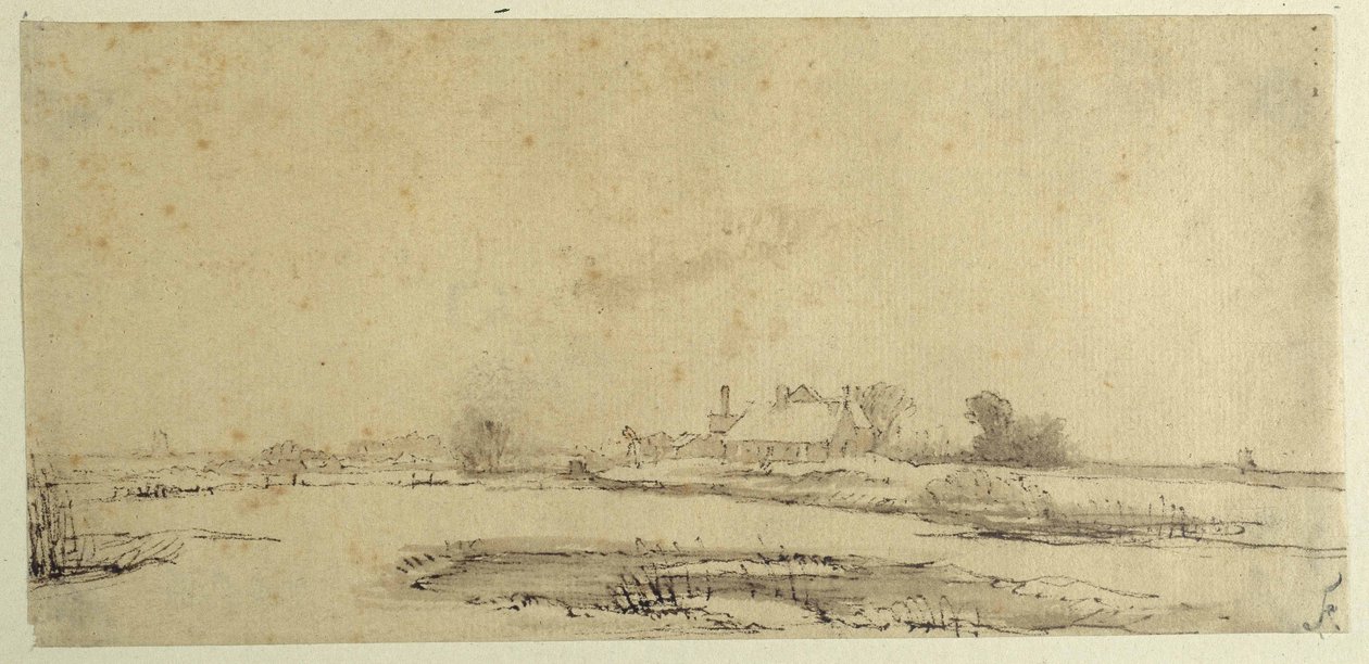 Woda, łąki i zagroda (pióro i atrament na papierze) autorstwa Rembrandt Harmensz. van Rijn