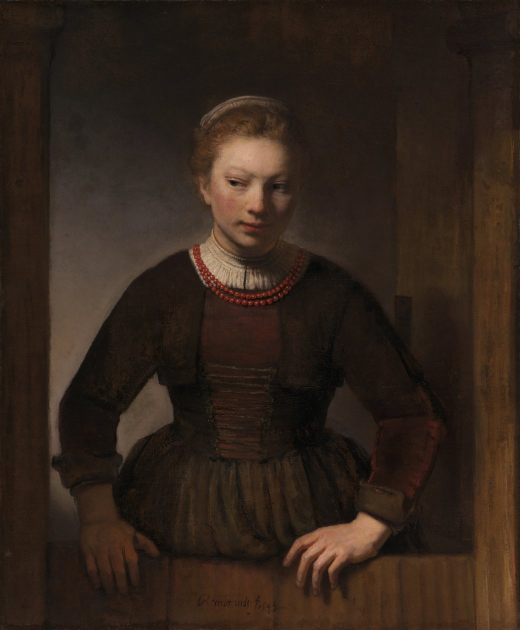 Młoda kobieta przy otwartych półdrzwiach, 1645 autorstwa Rembrandt Harmensz van Rijn