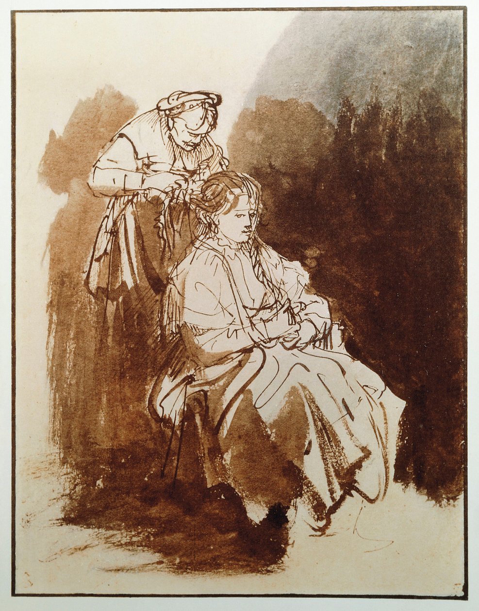 Młoda kobieta w jej toalecie. Włosy starej pokojówki. (Rysunek tuszem, ok. 1635) autorstwa Rembrandt van Rijn