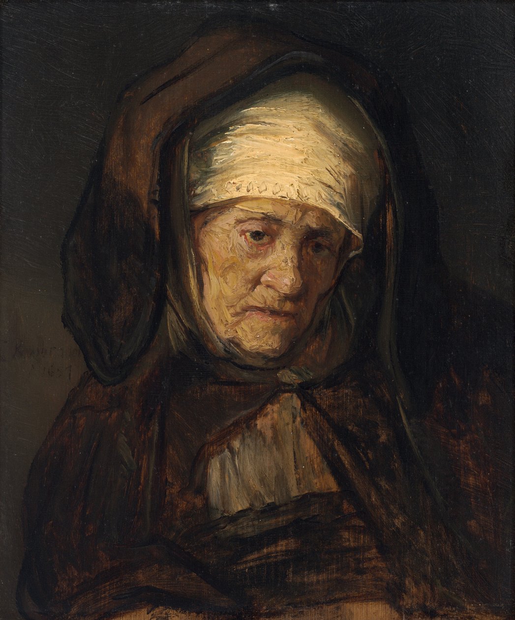 Głowa starszej kobiety autorstwa Rembrandt Workshop