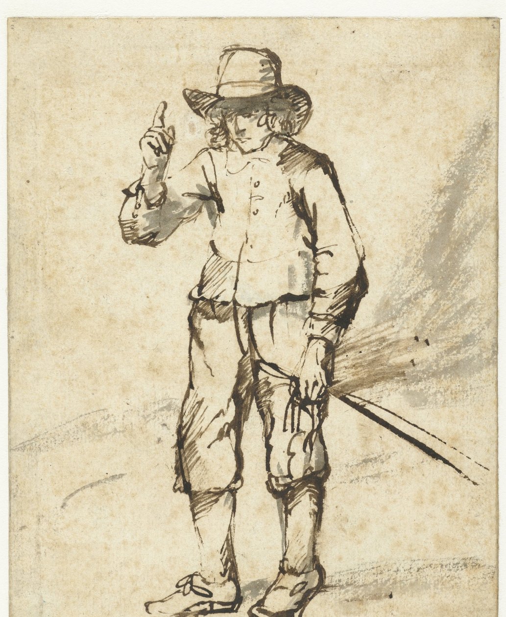 Stojący chłopiec trzymający bicz i unoszący prawą rękę autorstwa Rembrandt van Rijn (school of)