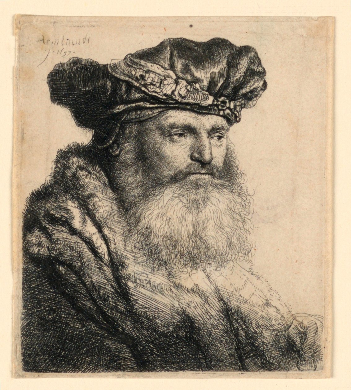 Brodaty mężczyzna w aksamitnej czapce z klejnotowym zapięciem autorstwa Rembrandt van Rijn
