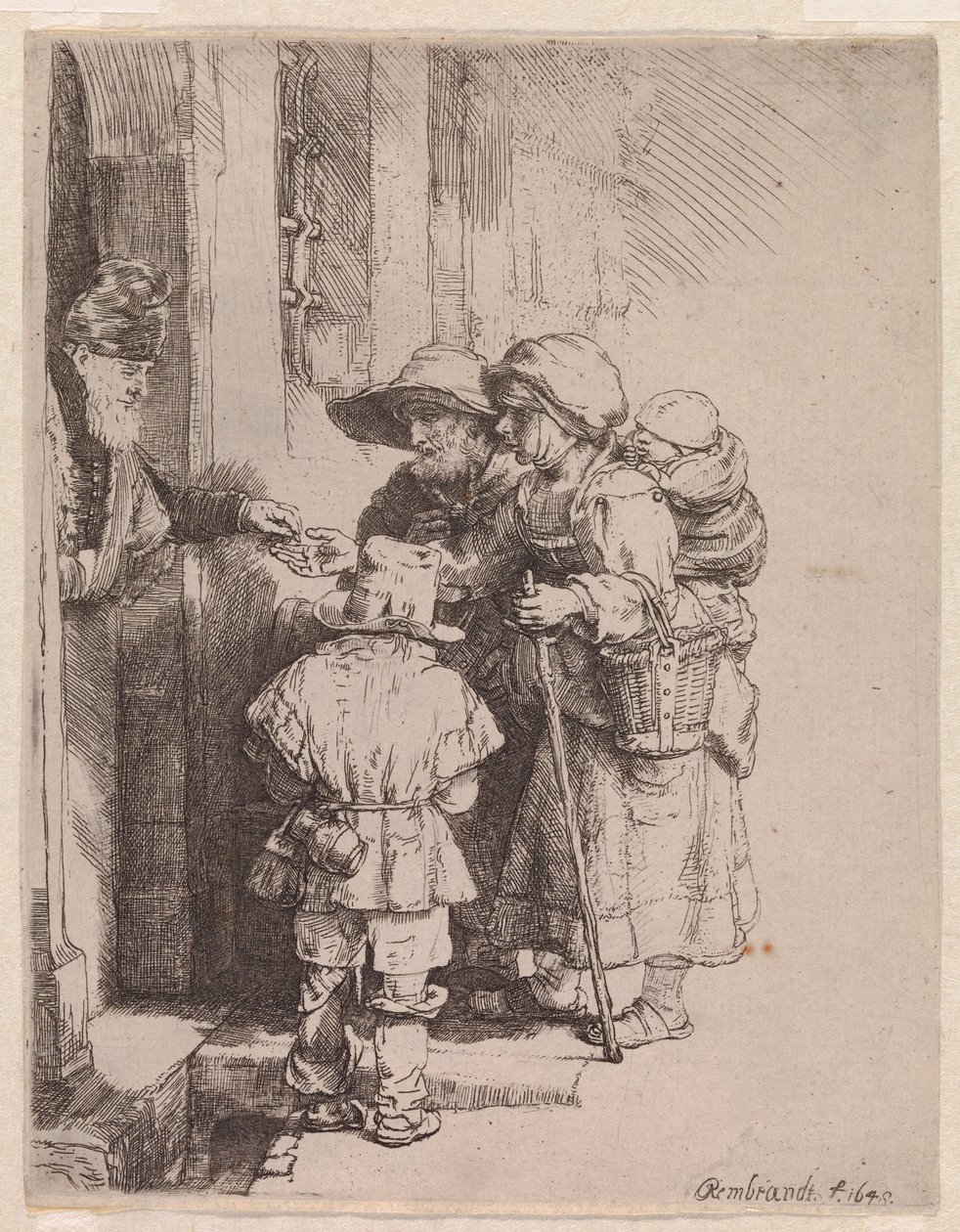 Rodzina żebraków otrzymująca jałmużnę autorstwa Rembrandt van Rijn