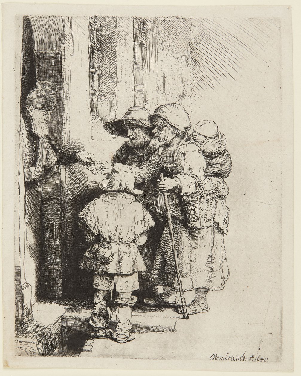 Niewidomy grajek na lirze korbowej i jego rodzina otrzymujący jałmużnę autorstwa Rembrandt van Rijn