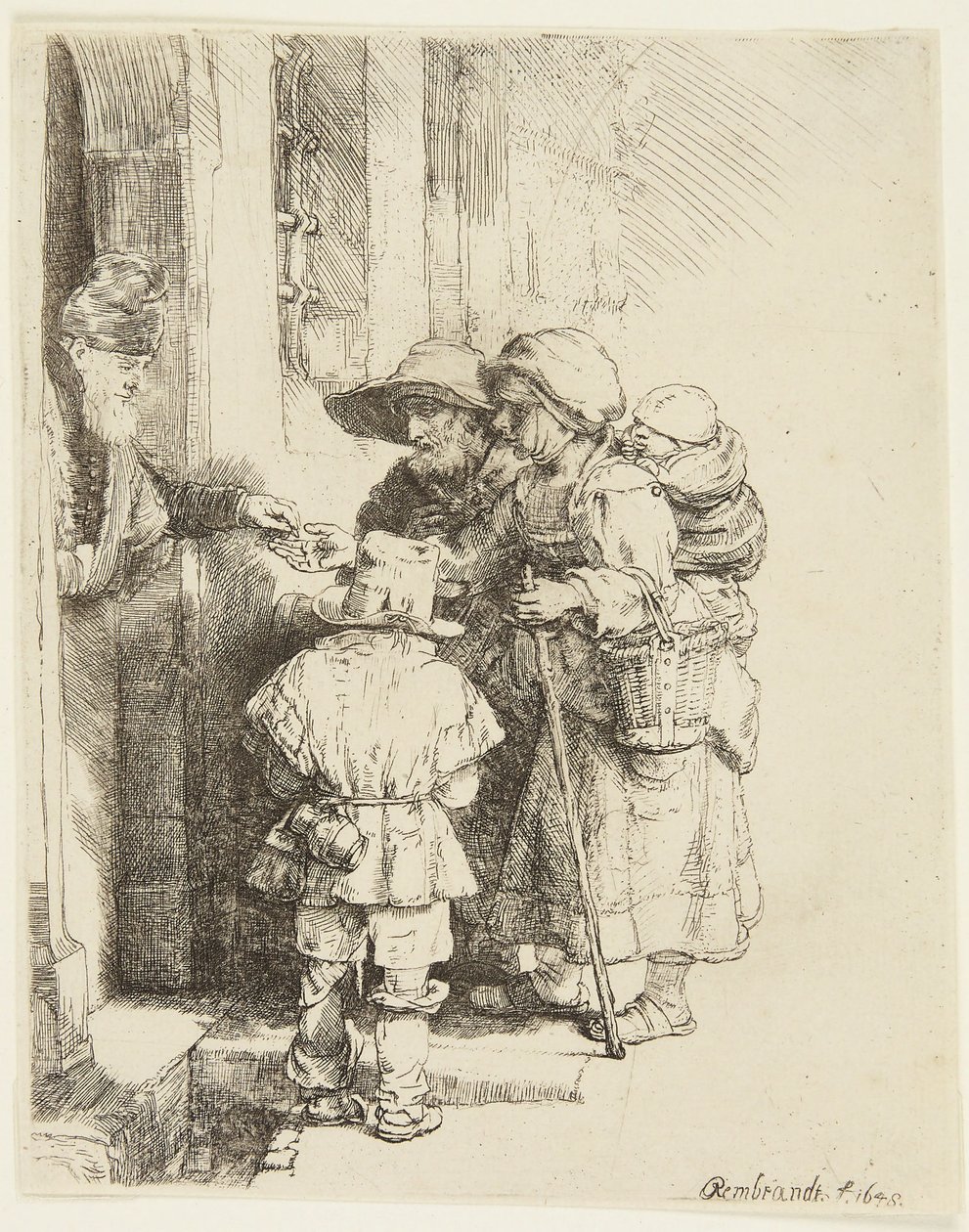 Niewidomy grajek na lirze korbowej i jego rodzina otrzymujący jałmużnę autorstwa Rembrandt van Rijn