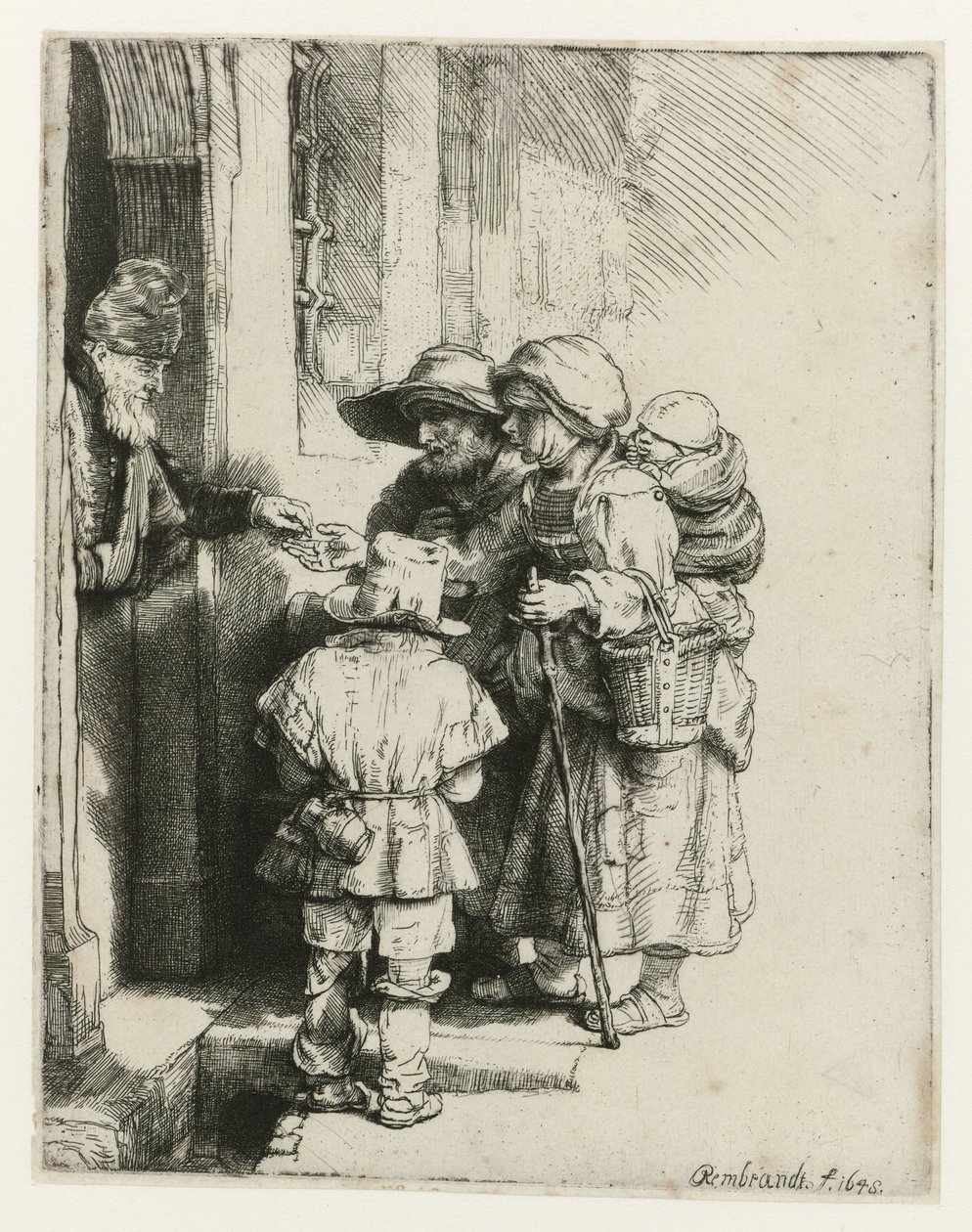 Niewidomy gracz na lirze korbowej i jego rodzina Niewidomy gracz liry korbowej i rodzina otrzymująca jałmużnę autorstwa Rembrandt van Rijn